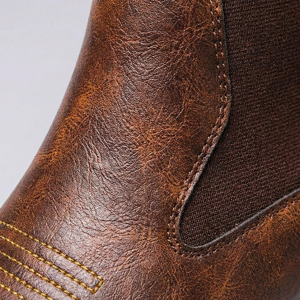 Detail of the elastic side gusset on the cognac boot