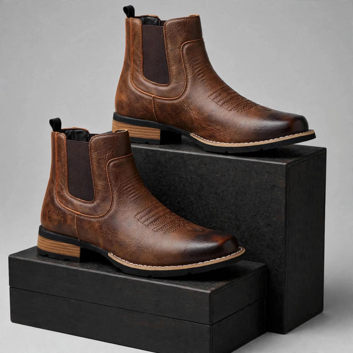 Pair of brown Chelsea boots displayed on black boxes against a gray background