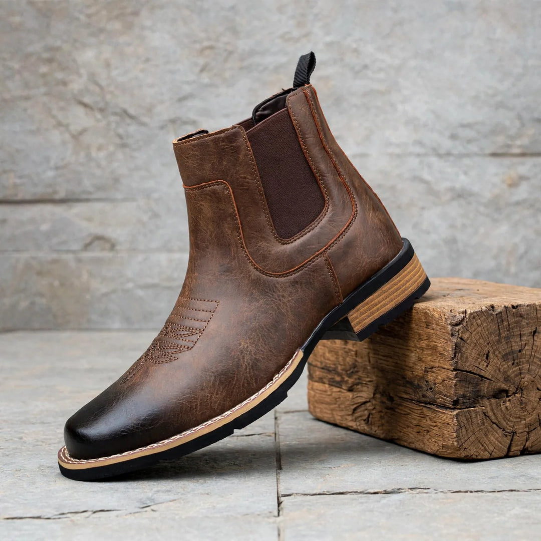 Men's Chelsea boots in brown with western stitching, side view on stone and wood