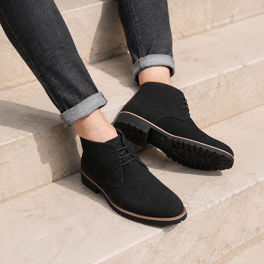 Black lace up chukka boots worn with cuffed gray jeans on stone steps