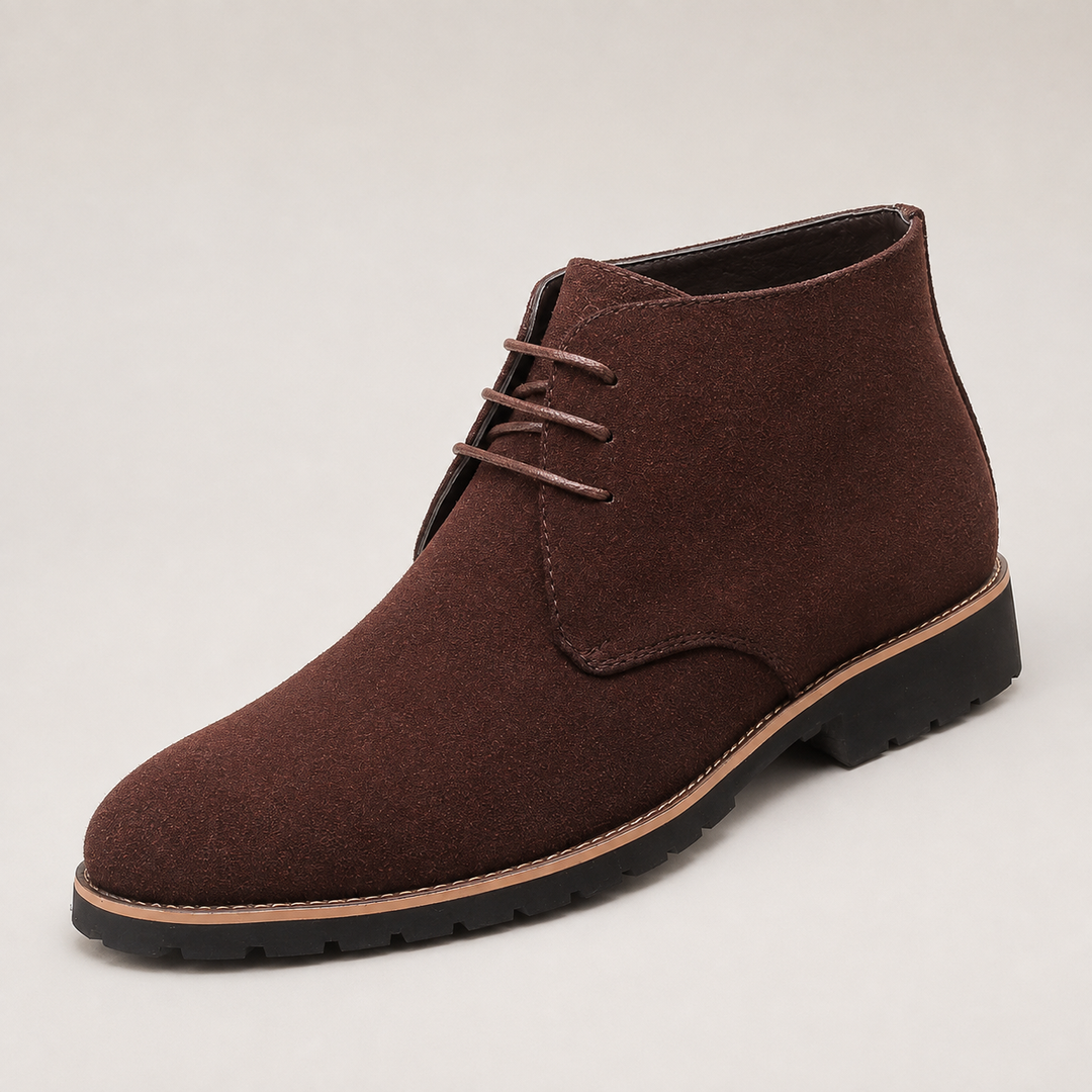 Chocolate brown suede look chukka boot with lug sole, side view