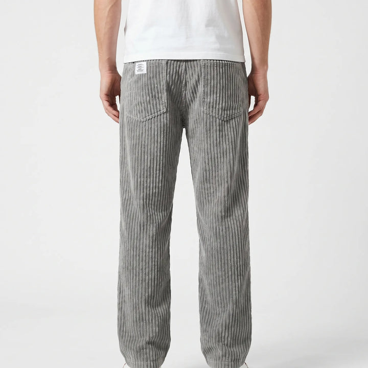 Gray relaxed straight leg corduroy pants, back view with pockets
