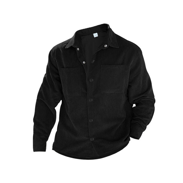 Black corduroy shirt jacket with pointed collar and two patch pockets