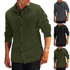 Man wearing the olive shirt jacket over a dark tee, with gray and black versions beside him