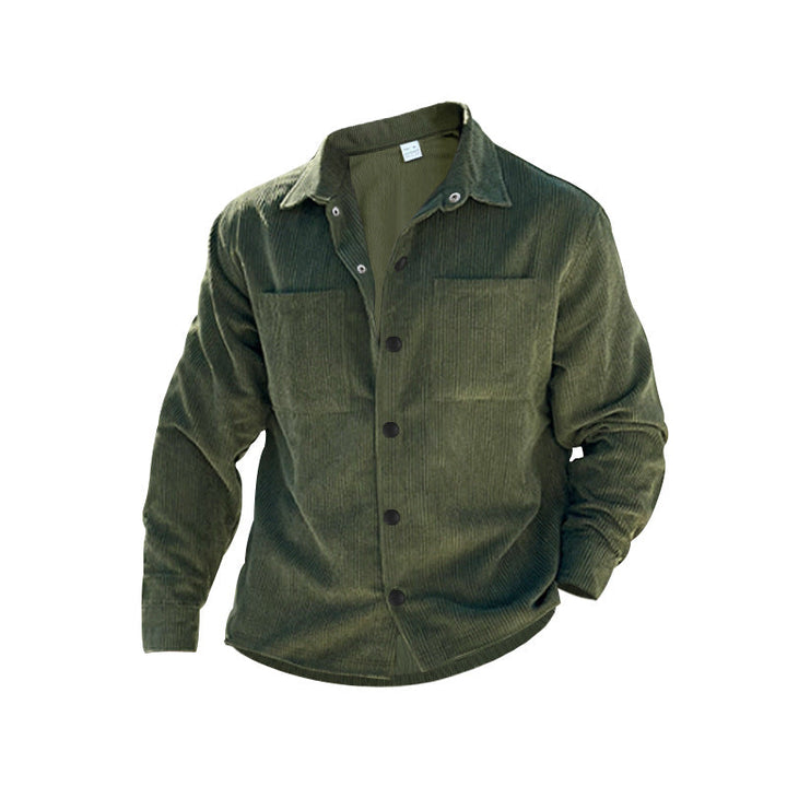 Olive corduroy shirt jacket showing the button front and fine ribbed texture