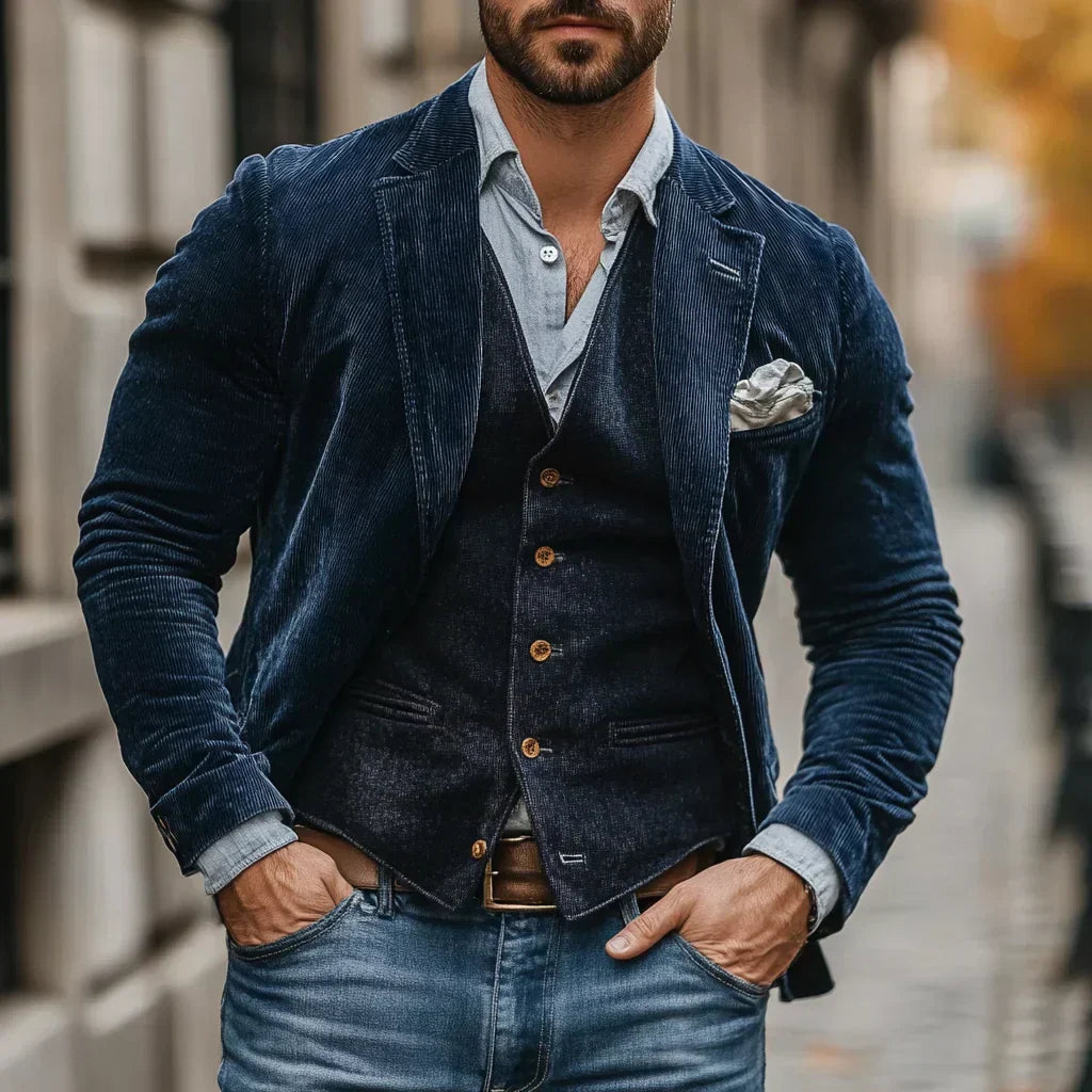 Men's corduroy suit, blazer and waistcoat two piece in blue