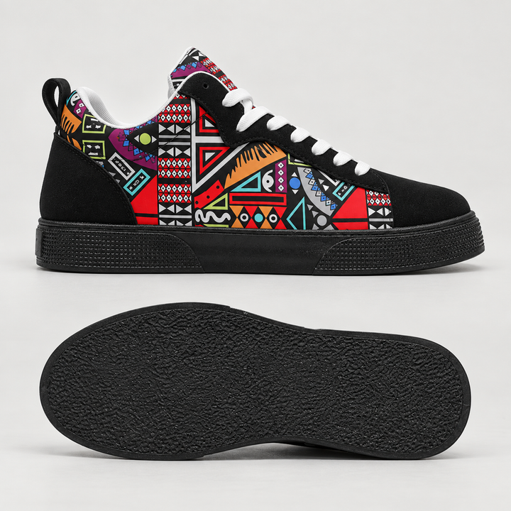 Black graphic sneaker side view above its flat rubber outsole