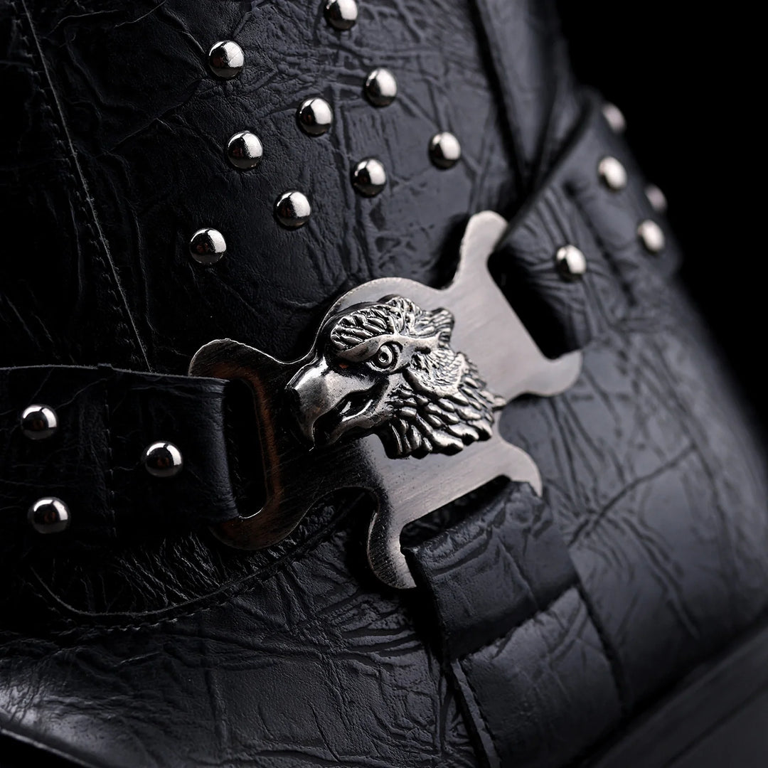 Close-up of the studs and eagle buckle strap on the black boot
