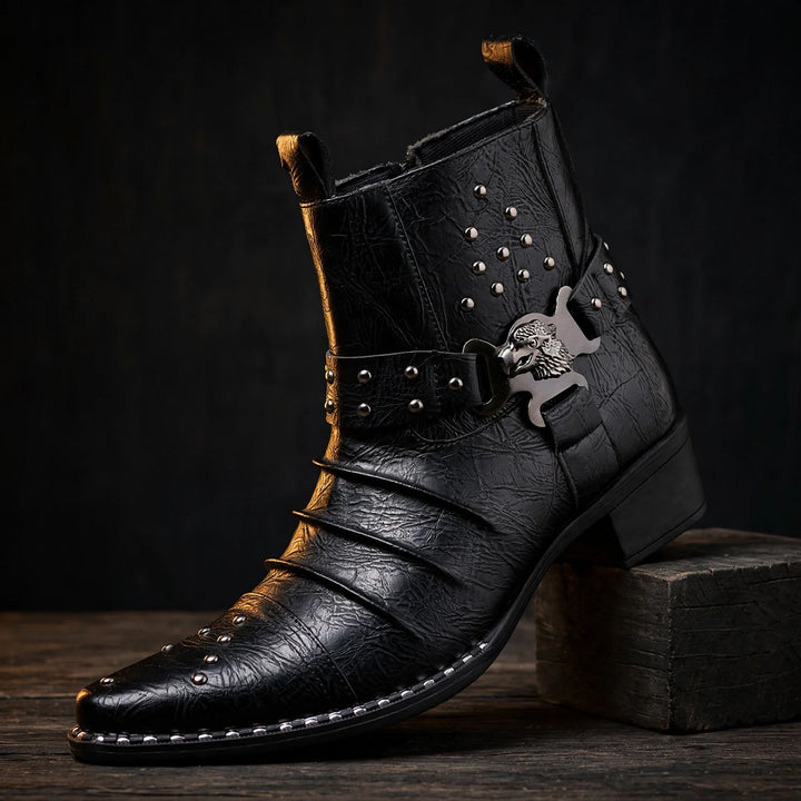 Black cowboy boot with eagle buckle, studs and pointed toe