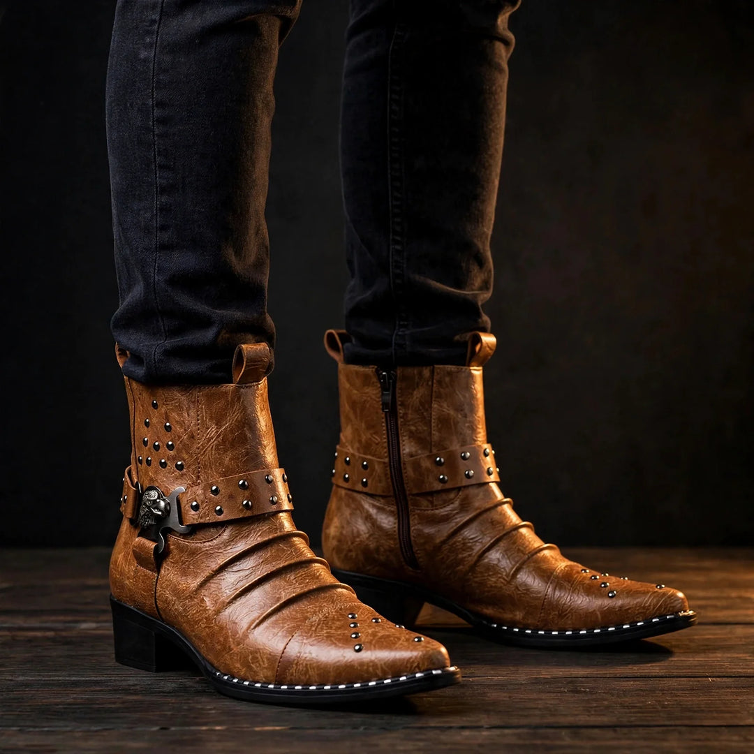 Cognac harness ankle boots worn with dark jeans, front view