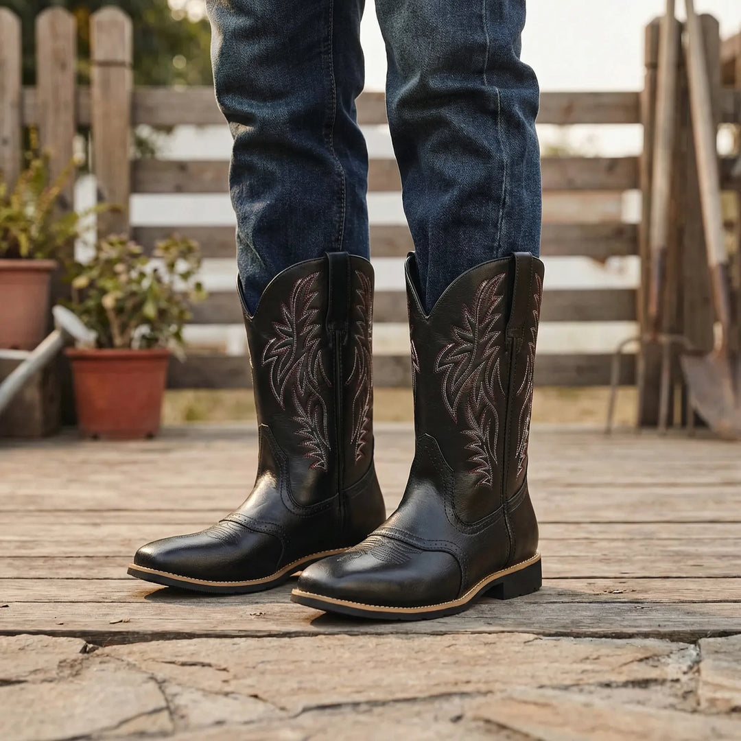 Men's cowboy boots, embroidered square toe western, photo 1
