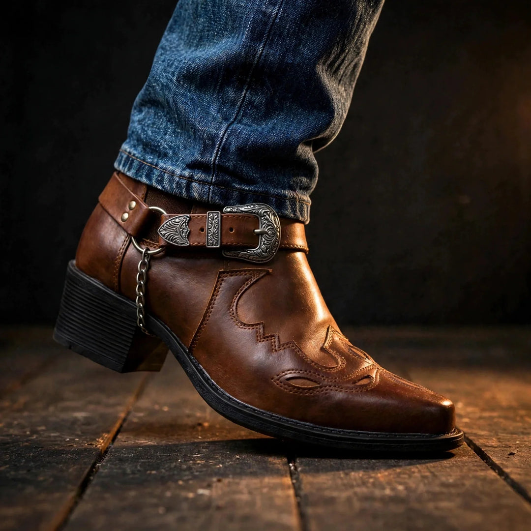 Cognac cowboy ankle boot worn with blue jeans, side view