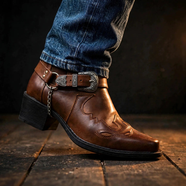 Cognac cowboy ankle boot worn with blue jeans, side view