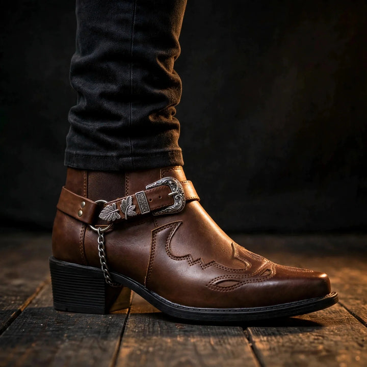 Dark brown cowboy ankle boot worn with black jeans