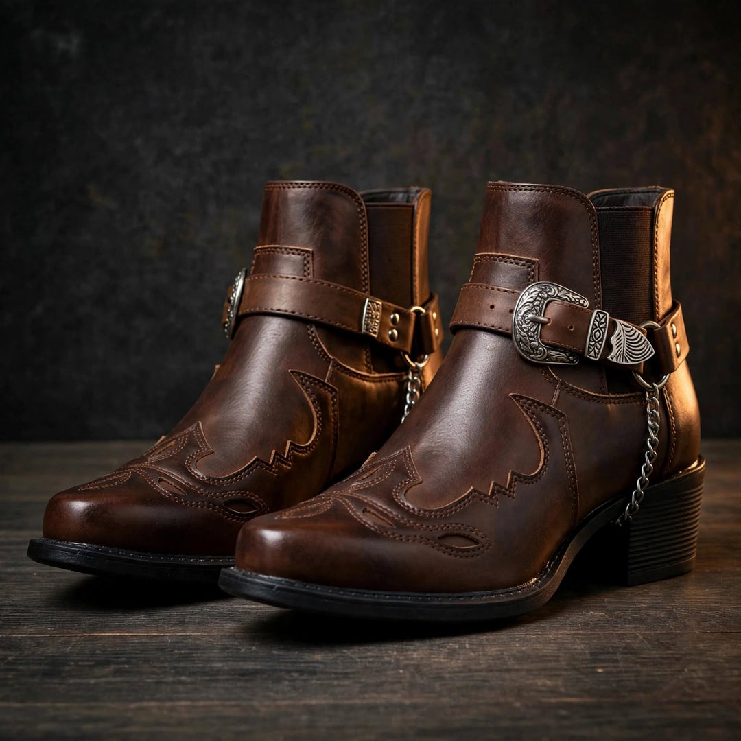 Pair of dark brown pointed toe cowboy ankle boots with chain