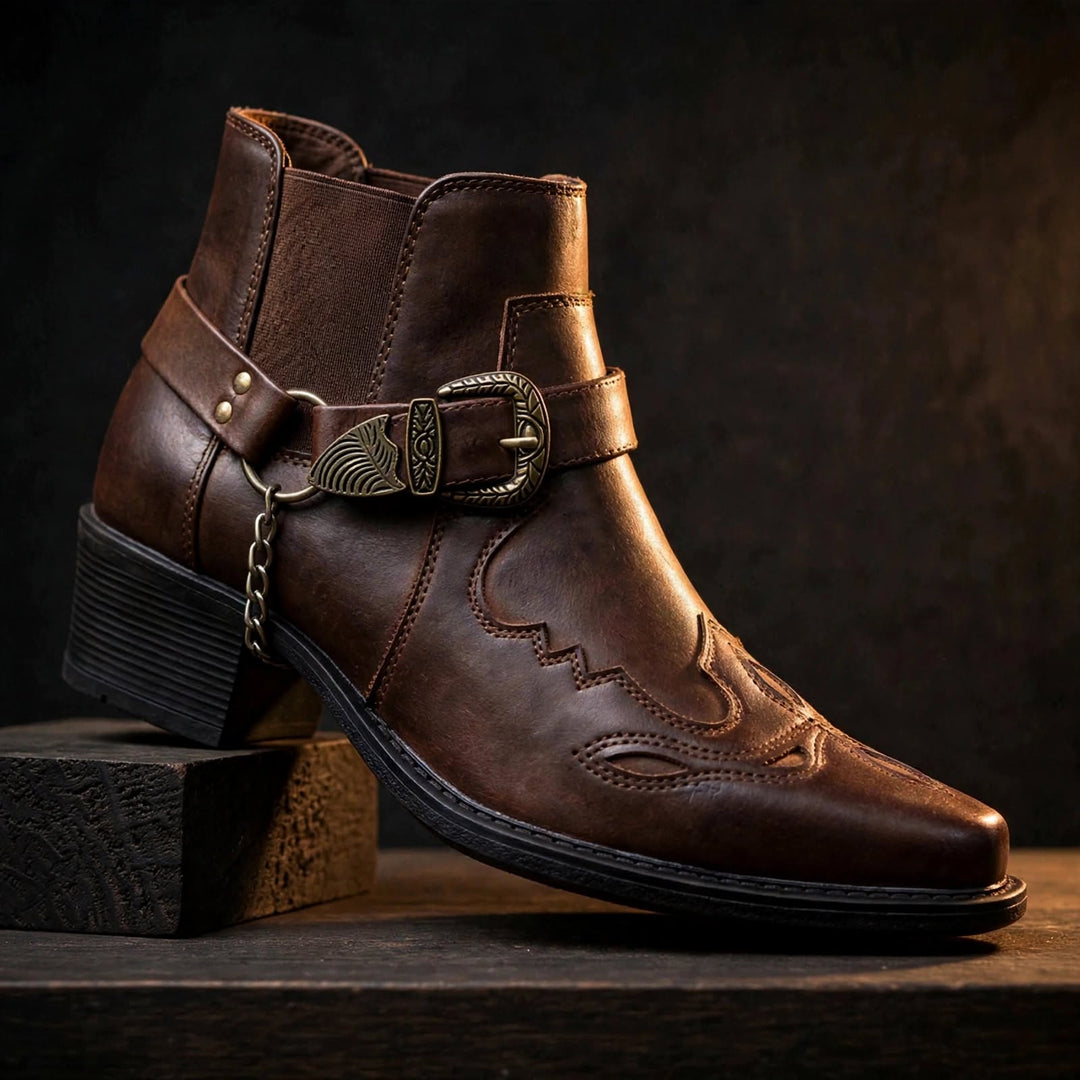 Dark brown cowboy boot with harness strap, buckle and chain, side view