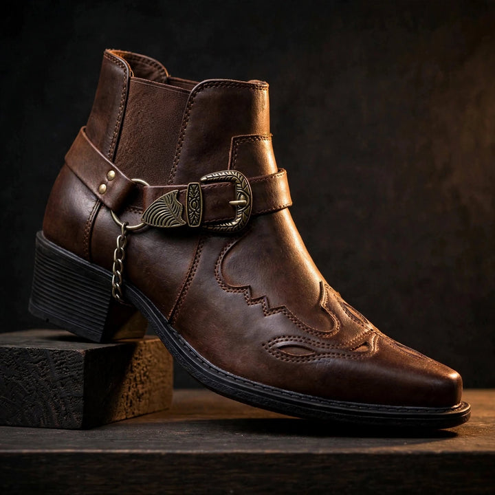 Dark brown cowboy boot with harness strap, buckle and chain, side view