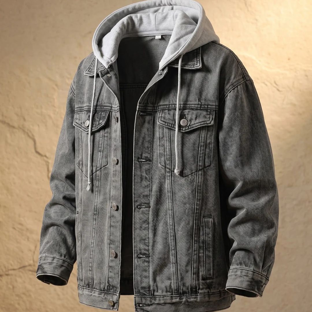 Men's Denim-Look Jacket | Hooded Button Front Trucker Style