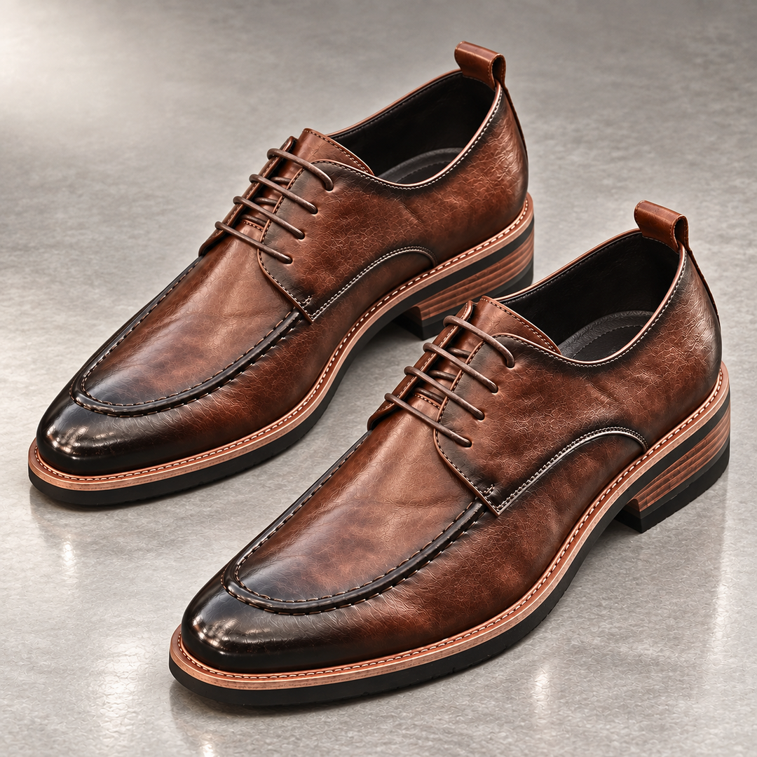 Pair of brown derby shoes with stacked heel and contrast sole on a gray floor