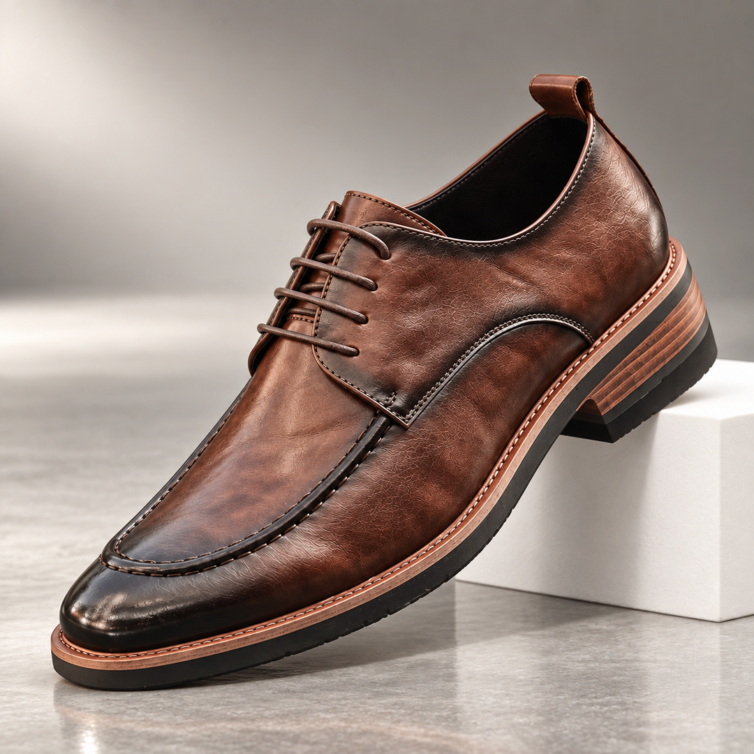 Men's derby shoes in brown with burnished finish and apron toe, side view