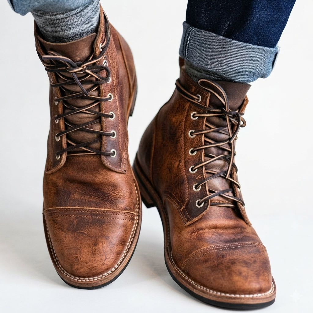 Men's cognac cap toe dress boots, on feet with rolled jeans