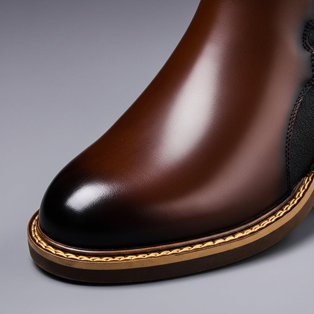 Close up of the rounded toe and stitched welt on the cognac boot