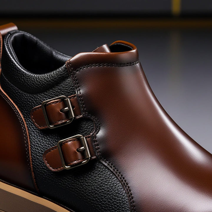 Close up of the two side buckles and textured contrast panel
