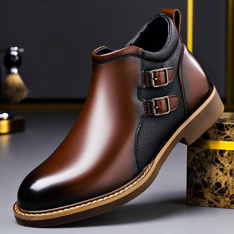 Men's dress boots in cognac, double monk strap ankle slip on