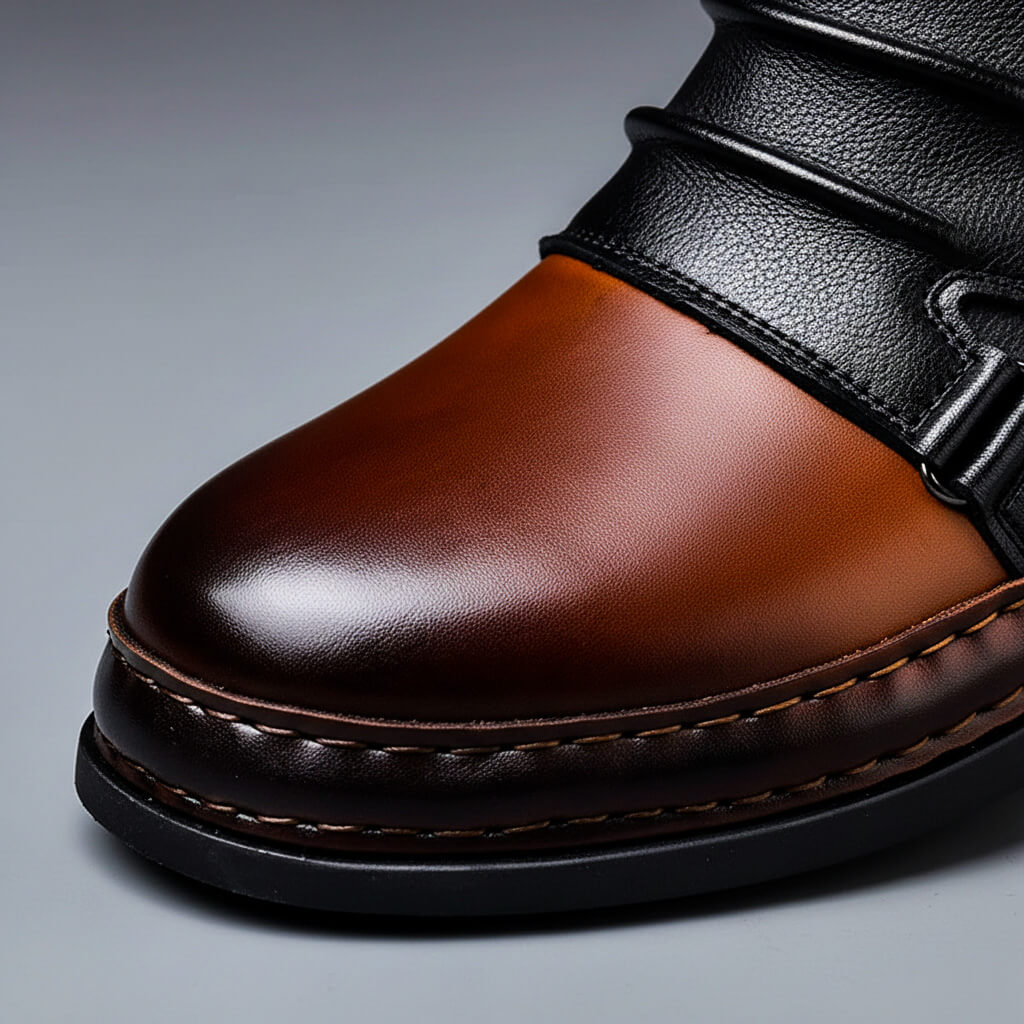 Close-up of the rounded cognac toe cap and stitched sole of the dress boot