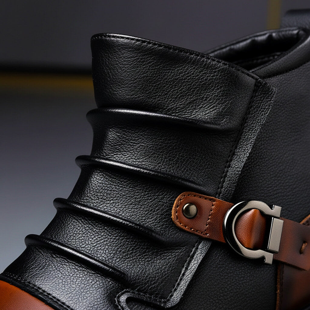 Close-up of the pleated black shaft and metal buckle strap on the ankle boot