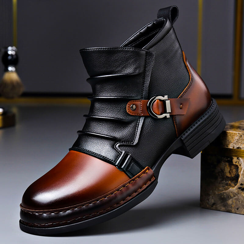 Men's dress boots in cognac and black two tone leather with buckle strap