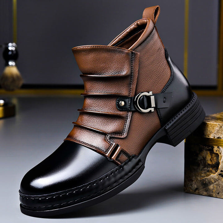 Oak brown two tone ankle boot with buckle strap and pleated shaft, side view