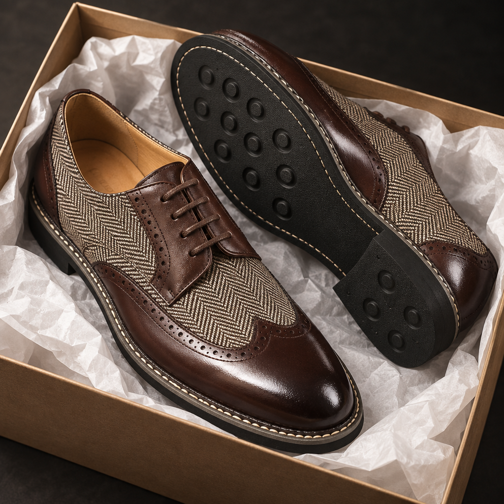 Brown wingtip brogues in a gift box with tissue paper, showing the sole