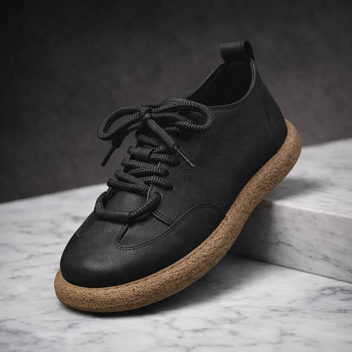 Black wide toe lace up casual sneaker with crepe sole, side view