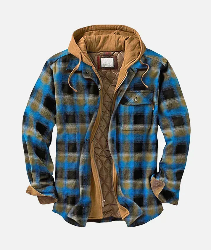 Blue plaid hooded flannel jacket with brown sherpa lined hood