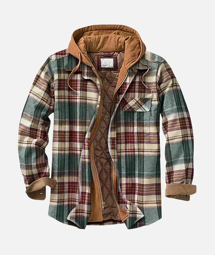 Forest plaid flannel jacket with hood and sherpa lining, front view