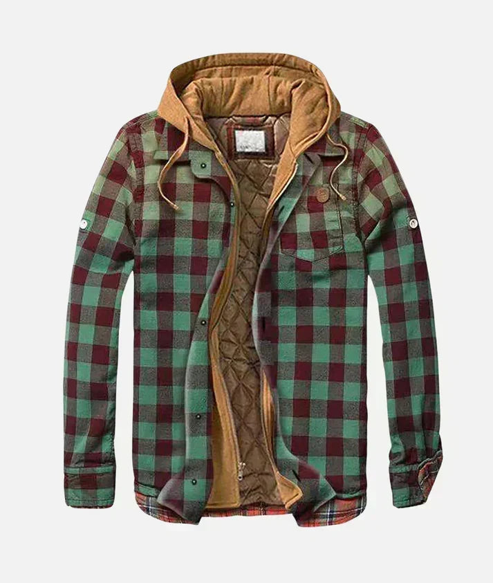 Green and burgundy buffalo plaid hooded jacket, open front view