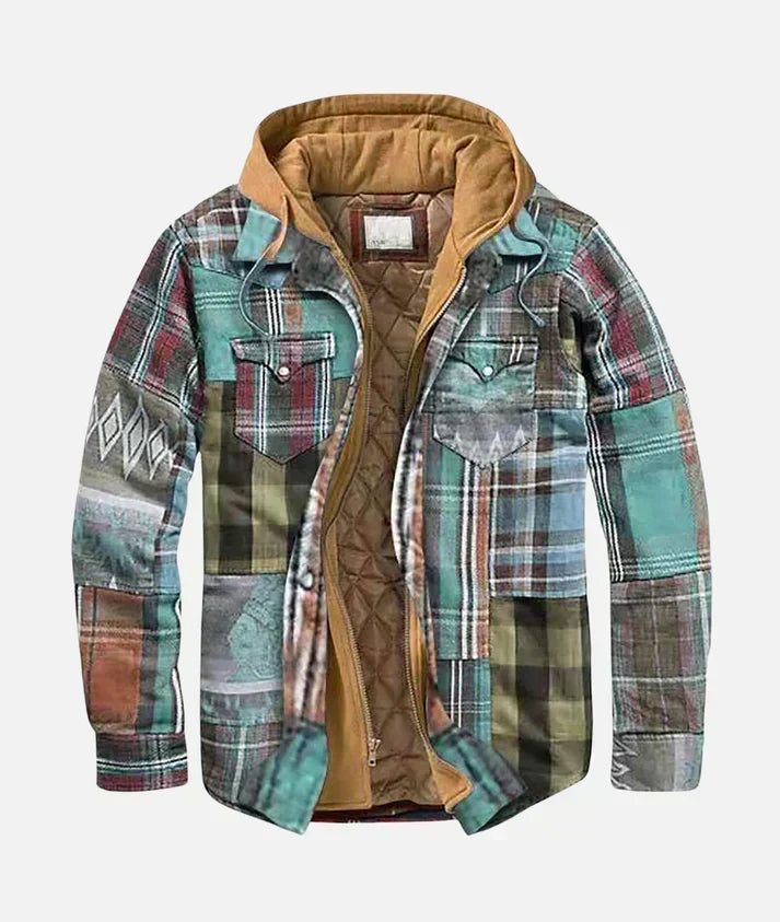 Men's flannel jacket in mint plaid with hood and sherpa lining, open front
