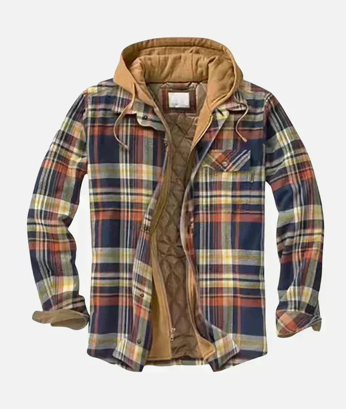Navy plaid flannel jacket with tan hood and chest pocket