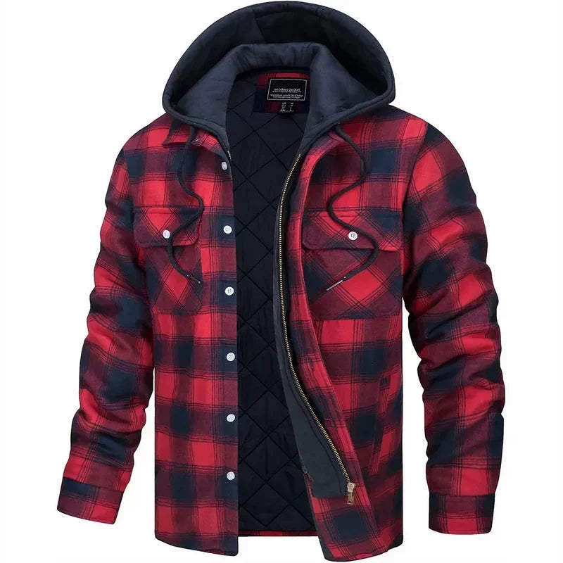 Men's Flannel Jacket | Hooded Plaid Zip Up with Quilted Lining