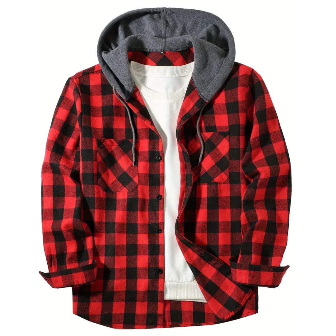 Men's Flannel Shirt Jacket | Hooded Buffalo Plaid Button Front