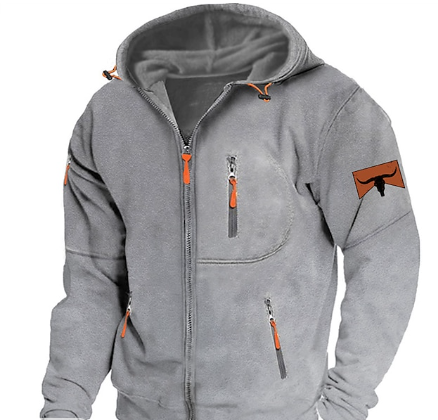 Men's fleece jacket, full zip hoodie with tactical pockets in light gray
