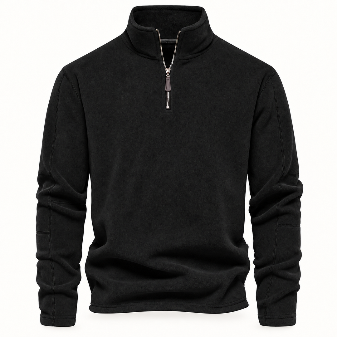 Black quarter zip fleece pullover with stand collar and long sleeves