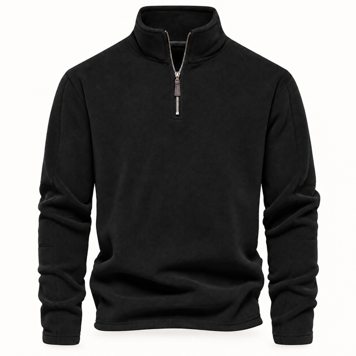 Black quarter zip fleece pullover with stand collar and long sleeves