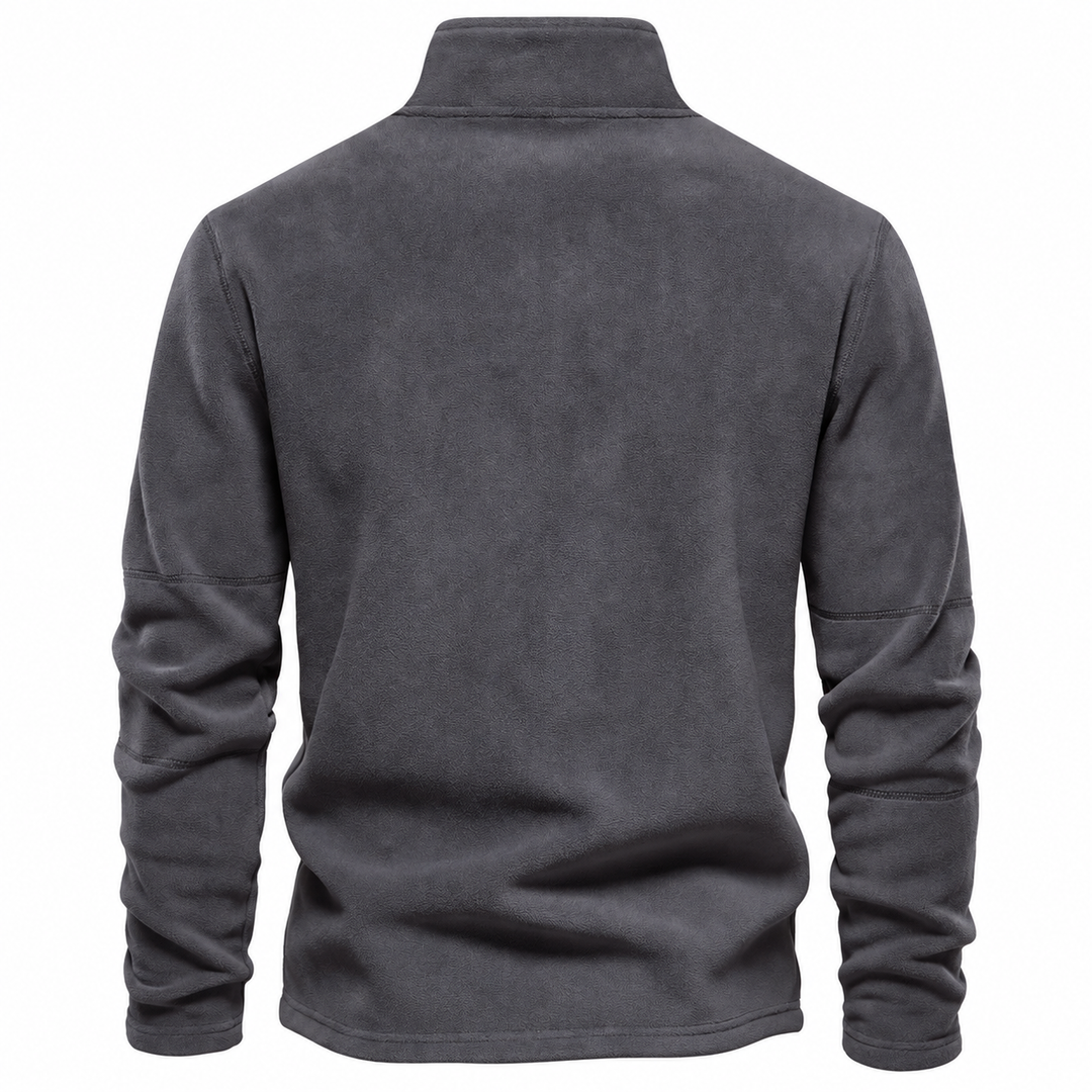 Back view of the charcoal fleece pullover with stand collar and ribbed cuffs