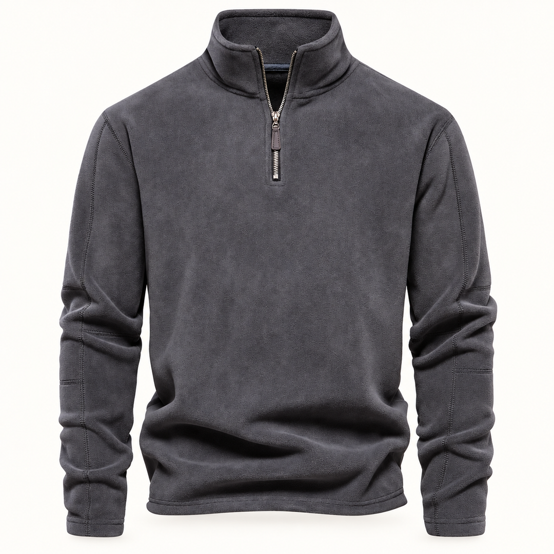 Men's fleece quarter zip in charcoal, stand collar pullover with drawcord hem, front view