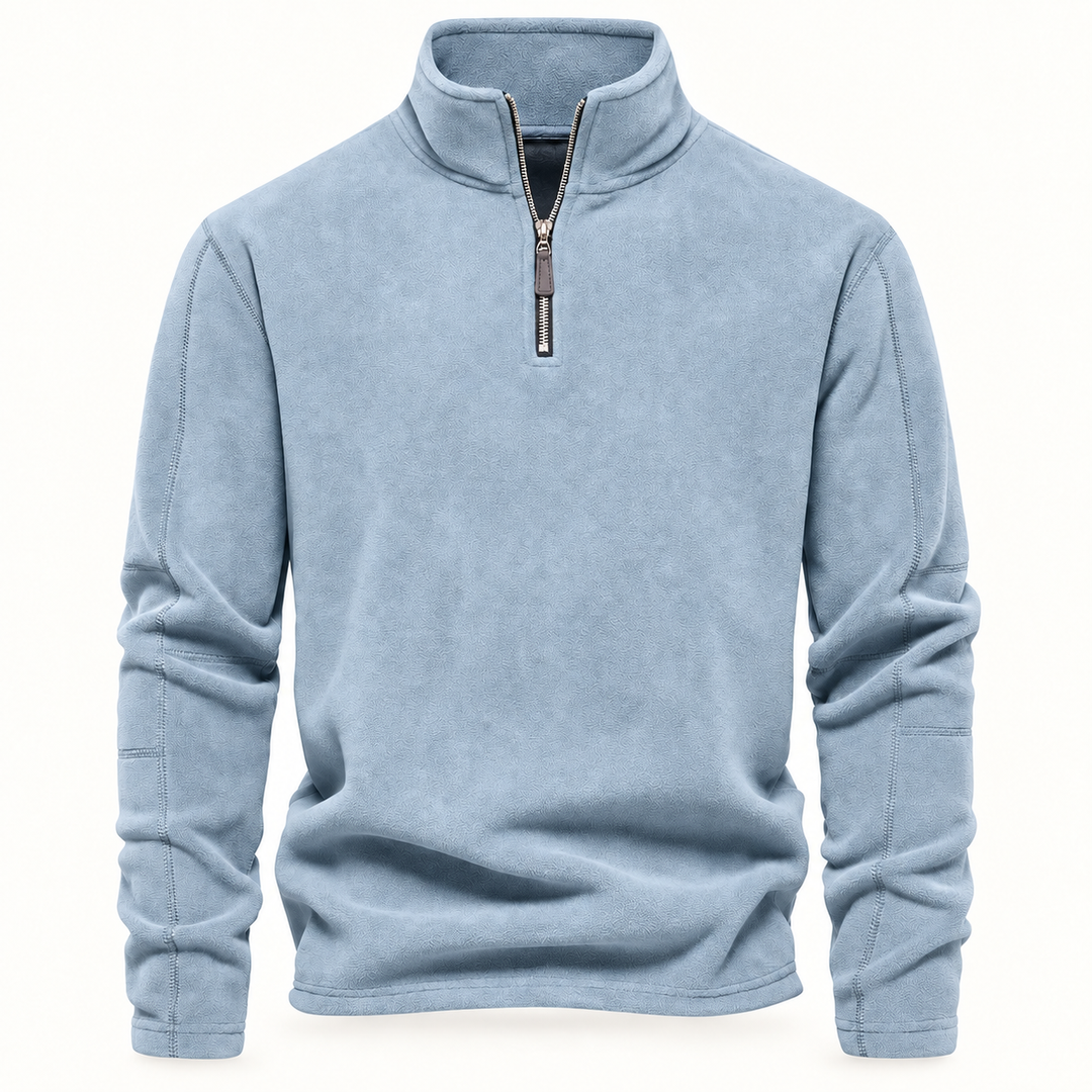 Light blue quarter zip fleece pullover with stand collar, front view