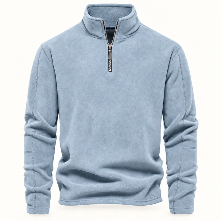 Light blue quarter zip fleece pullover with stand collar, front view
