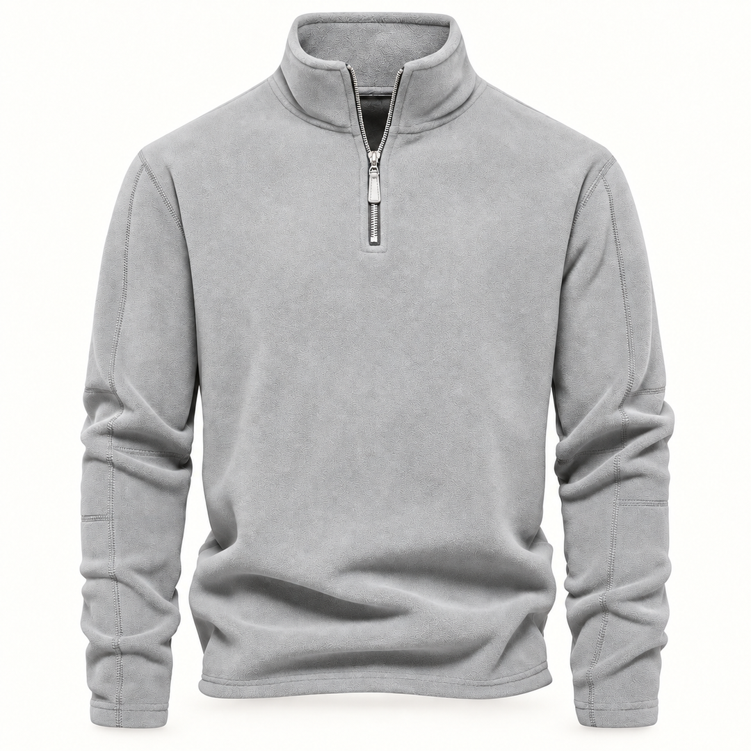 Light gray fleece quarter zip with stand collar and drawcord hem