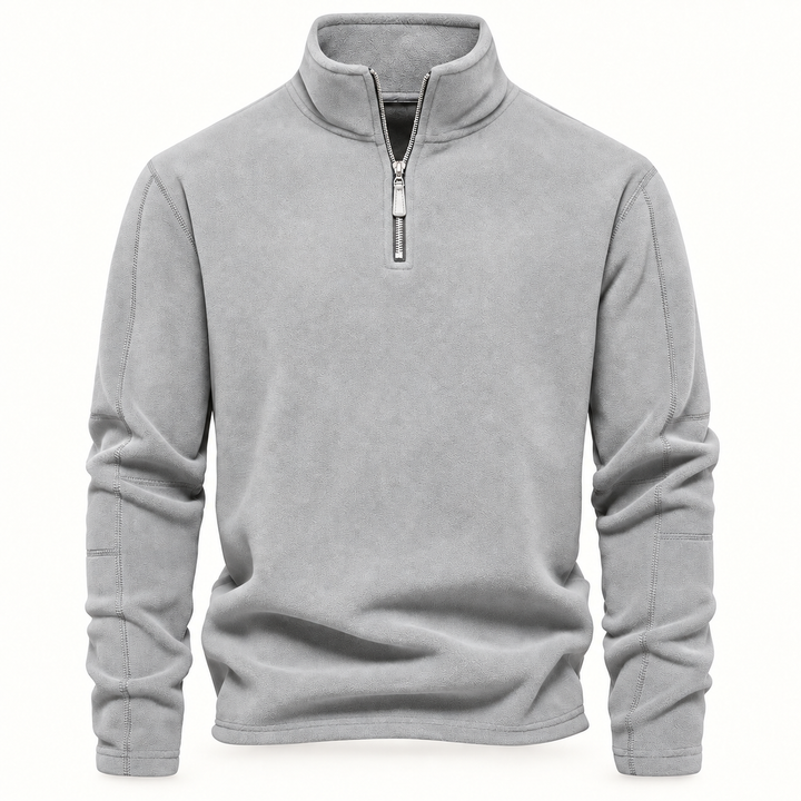 Light gray fleece quarter zip with stand collar and drawcord hem